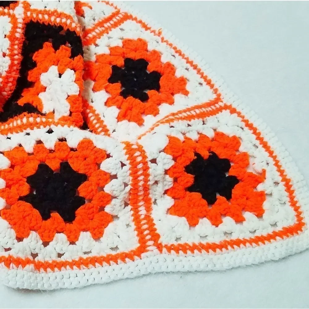 VINTAGE Granny Square Handmade Orange Afghan Throw